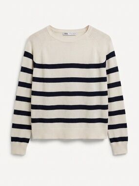 Light Summer Zara Cream Sweater with Black Stripes - Crew Neck